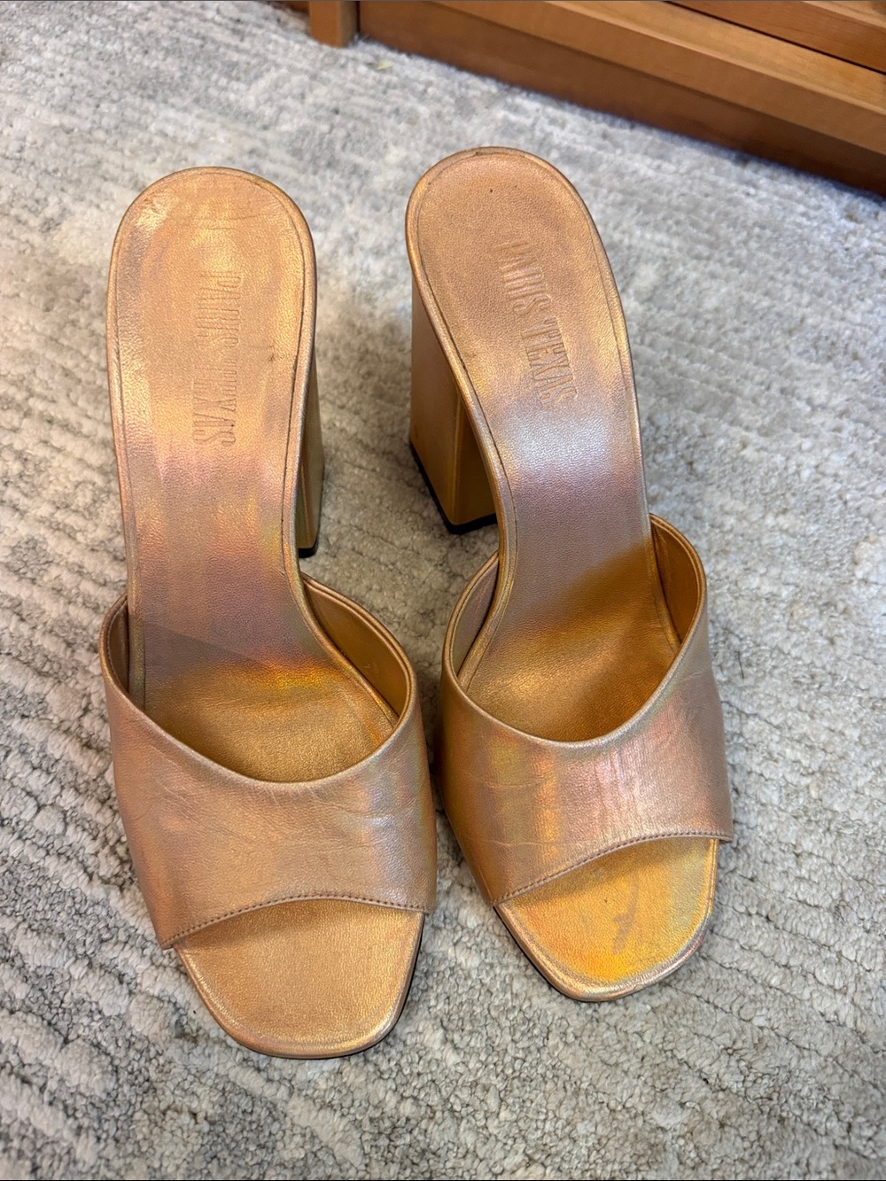 Paris Texas Metallic Rose Gold Block Heel Slide Sandals